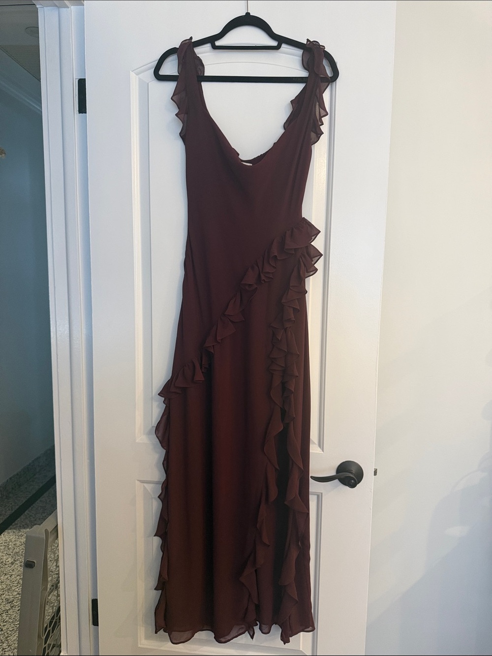 House of CB Burgundy Ruffle-Trim Maxi Dress